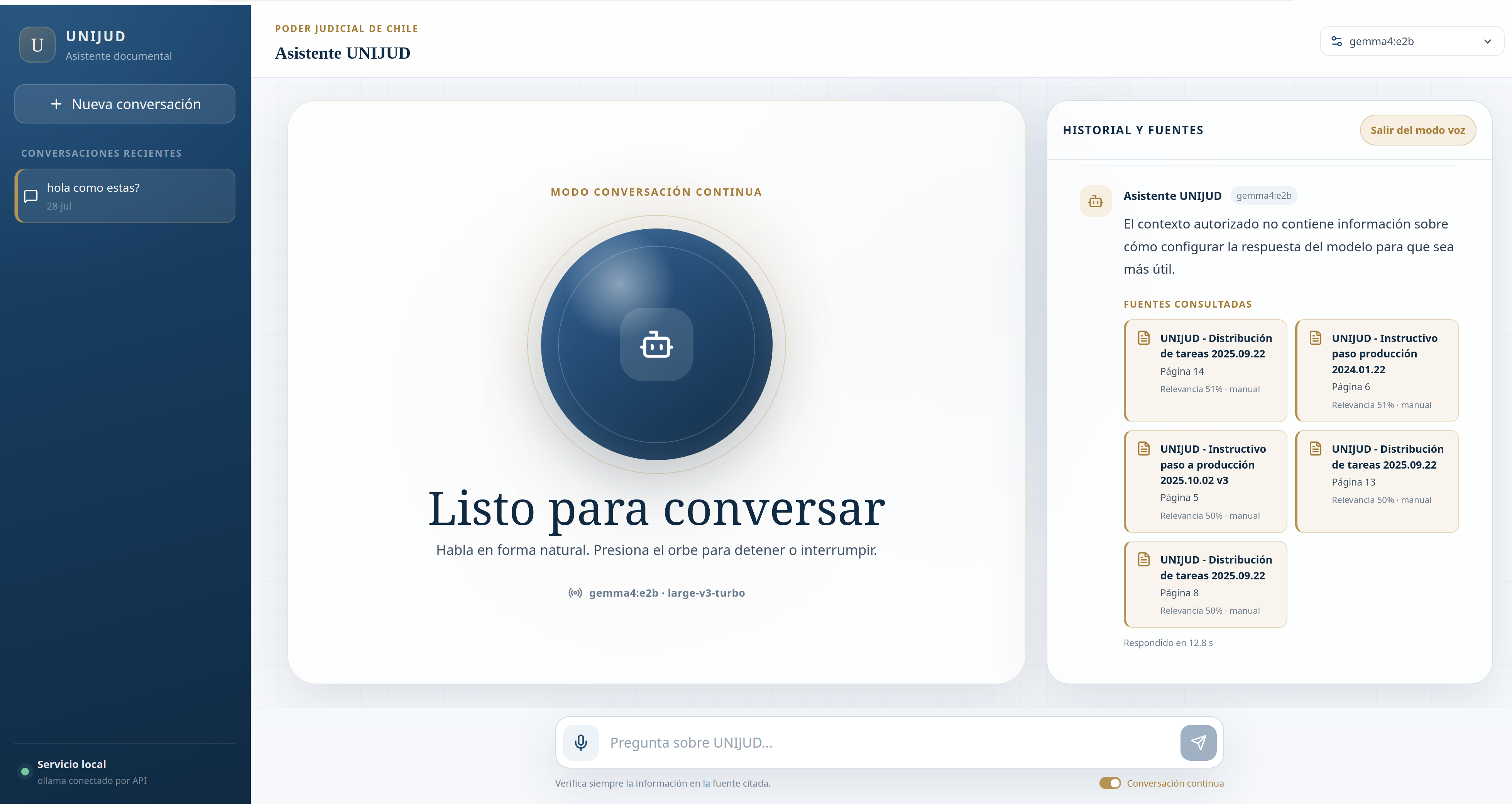 Vista principal del asistente documental Chatbot UNIJUD.
