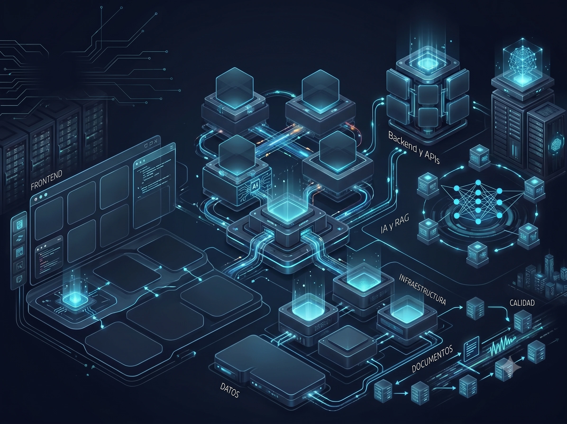 Mapa isométrico de una arquitectura tecnológica con zonas para frontend, backend, inteligencia artificial, infraestructura, datos, documentos y calidad.